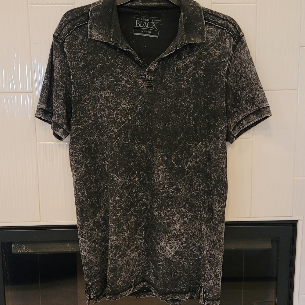 Mens Buckle Black Acid Washed Polo Size M